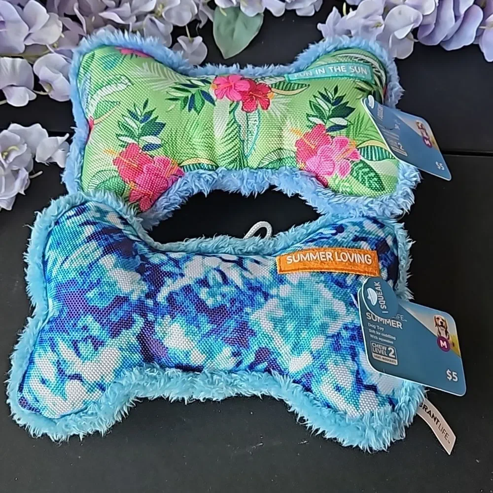 Doggie 🎁 Bundle! 2 Squeaky Tropical Stuffed Bone Toys and 1  Groom Aid Brush